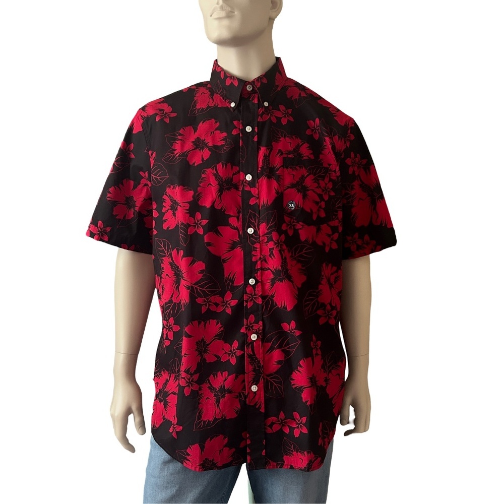 Chaps Easy Care Shirt Floral Hibiscus Tiki Hawaiian Button Front w/ Placket NWOT